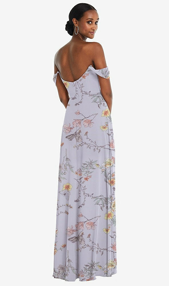 Back View - Butterfly Botanica Silver Dove Off-the-Shoulder Basque Neck Maxi Dress with Flounce Sleeves