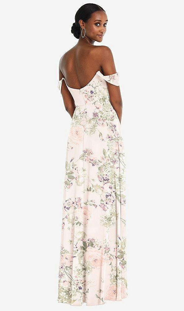 Back View - Blush Garden Off-the-Shoulder Basque Neck Maxi Dress with Flounce Sleeves