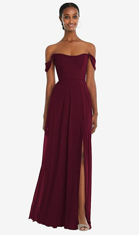 Front View - Cabernet Off-the-Shoulder Basque Neck Maxi Dress with Flounce Sleeves