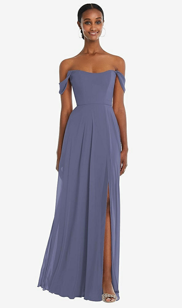 Front View - French Blue Off-the-Shoulder Basque Neck Maxi Dress with Flounce Sleeves