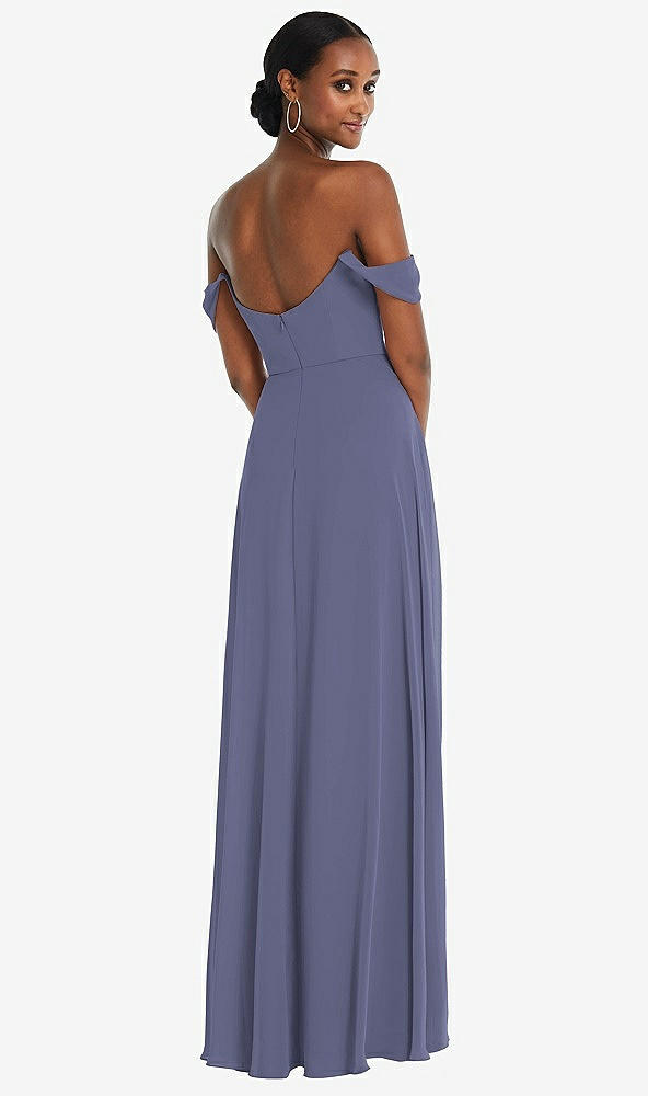 Back View - French Blue Off-the-Shoulder Basque Neck Maxi Dress with Flounce Sleeves