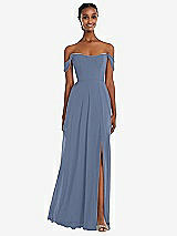 Front View Thumbnail - Larkspur Blue Off-the-Shoulder Basque Neck Maxi Dress with Flounce Sleeves
