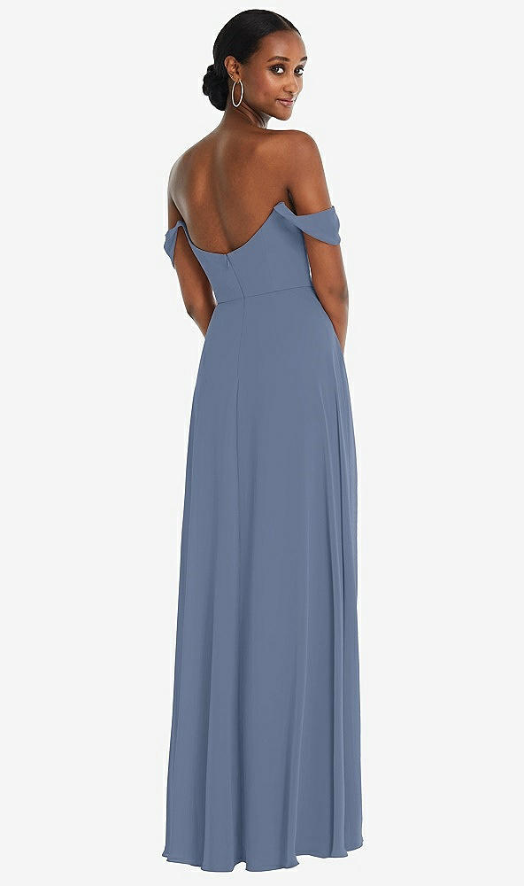Back View - Larkspur Blue Off-the-Shoulder Basque Neck Maxi Dress with Flounce Sleeves