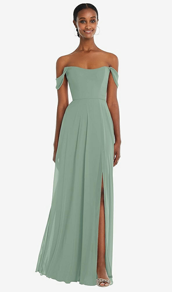 Front View - Seagrass Off-the-Shoulder Basque Neck Maxi Dress with Flounce Sleeves