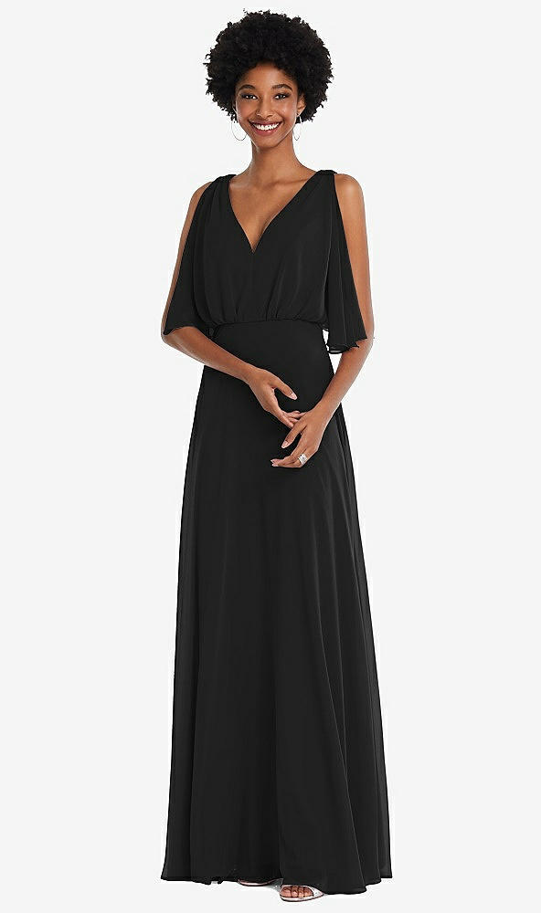 Front View - Black V-Neck Split Sleeve Blouson Bodice Maxi Dress