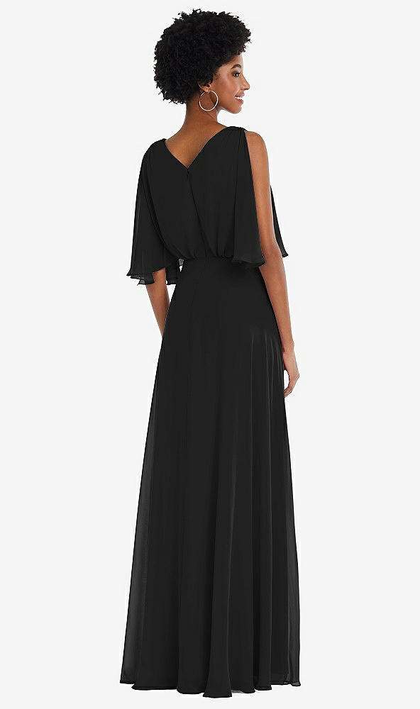Back View - Black V-Neck Split Sleeve Blouson Bodice Maxi Dress