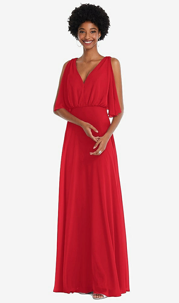 Front View - Parisian Red V-Neck Split Sleeve Blouson Bodice Maxi Dress