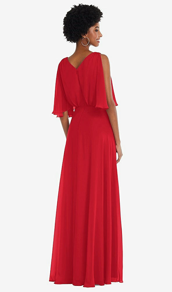 Back View - Parisian Red V-Neck Split Sleeve Blouson Bodice Maxi Dress