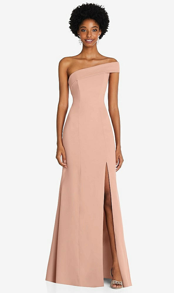 Front View - Pale Peach Asymmetrical Off-the-Shoulder Cuff Trumpet Gown With Front Slit
