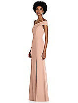 Side View Thumbnail - Pale Peach Asymmetrical Off-the-Shoulder Cuff Trumpet Gown With Front Slit