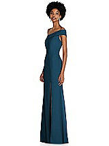 Side View Thumbnail - Atlantic Blue Asymmetrical Off-the-Shoulder Cuff Trumpet Gown With Front Slit