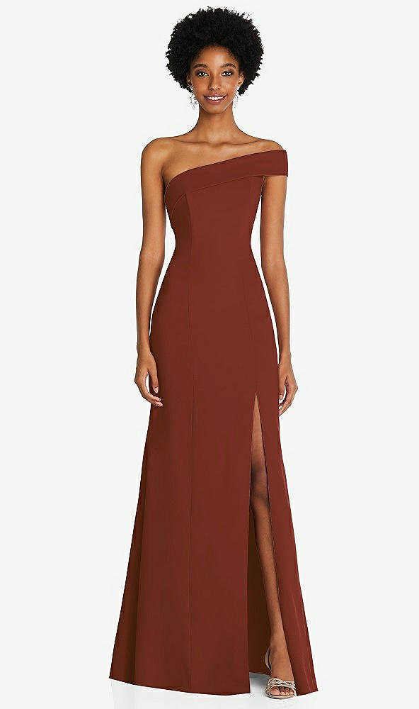 Front View - Auburn Moon Asymmetrical Off-the-Shoulder Cuff Trumpet Gown With Front Slit
