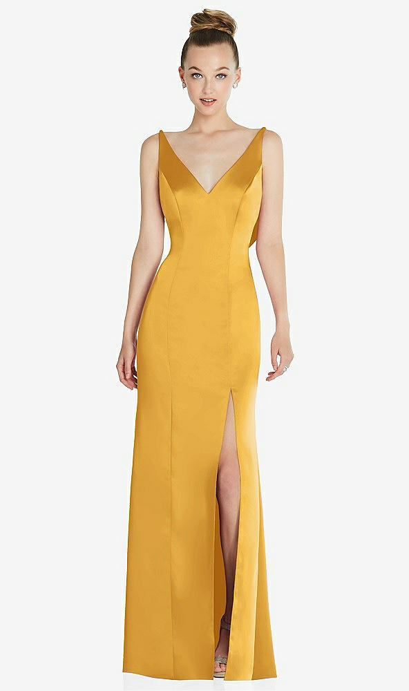 Front View - NYC Yellow Draped Cowl-Back Princess Line Dress with Front Slit