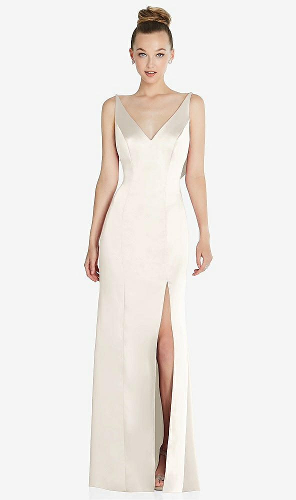 Front View - Ivory Draped Cowl-Back Princess Line Dress with Front Slit