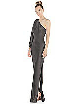 Side View Thumbnail - Caviar Gray One-Shoulder Puff Sleeve Maxi Bias Dress with Side Slit