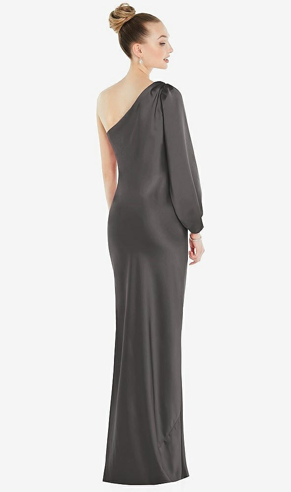 Back View - Caviar Gray One-Shoulder Puff Sleeve Maxi Bias Dress with Side Slit
