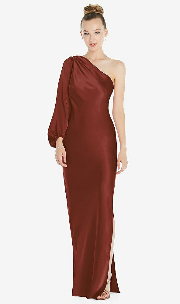 Front View - Auburn Moon One-Shoulder Puff Sleeve Maxi Bias Dress with Side Slit