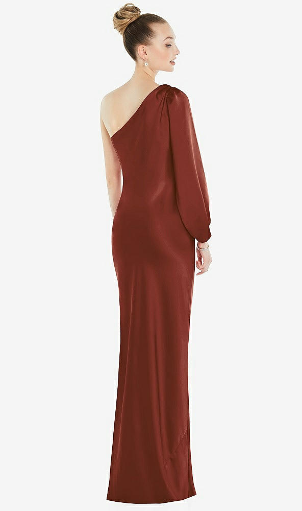 Back View - Auburn Moon One-Shoulder Puff Sleeve Maxi Bias Dress with Side Slit