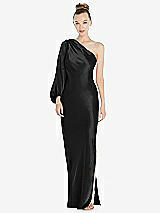 Front View Thumbnail - Black One-Shoulder Puff Sleeve Maxi Bias Dress with Side Slit