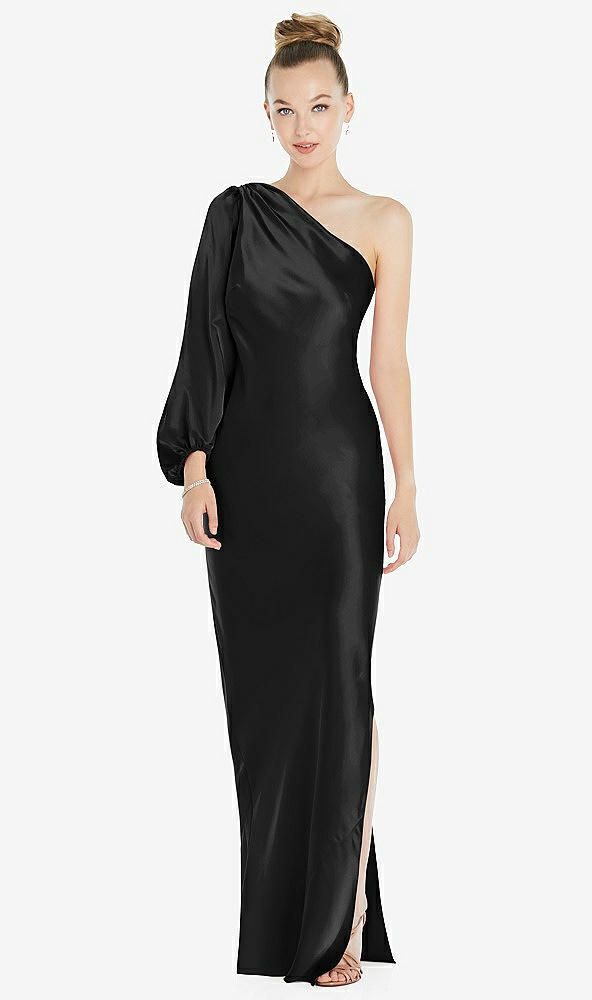 Front View - Black One-Shoulder Puff Sleeve Maxi Bias Dress with Side Slit