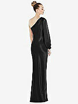 Rear View Thumbnail - Black One-Shoulder Puff Sleeve Maxi Bias Dress with Side Slit