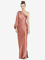 Front View Thumbnail - Desert Rose One-Shoulder Puff Sleeve Maxi Bias Dress with Side Slit