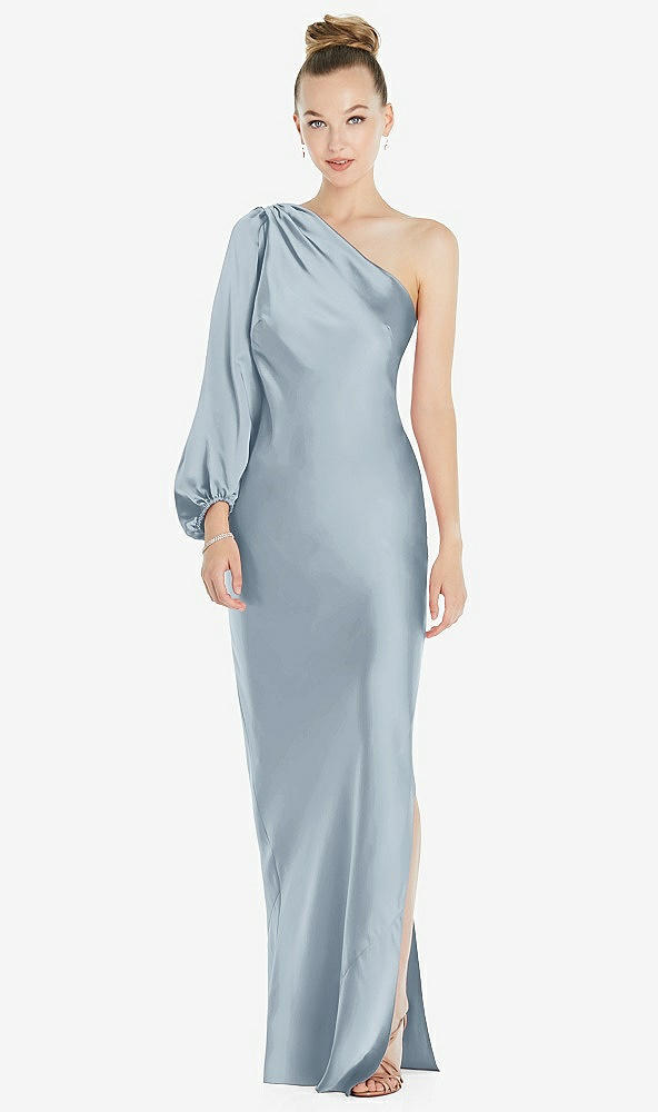 Front View - Mist One-Shoulder Puff Sleeve Maxi Bias Dress with Side Slit