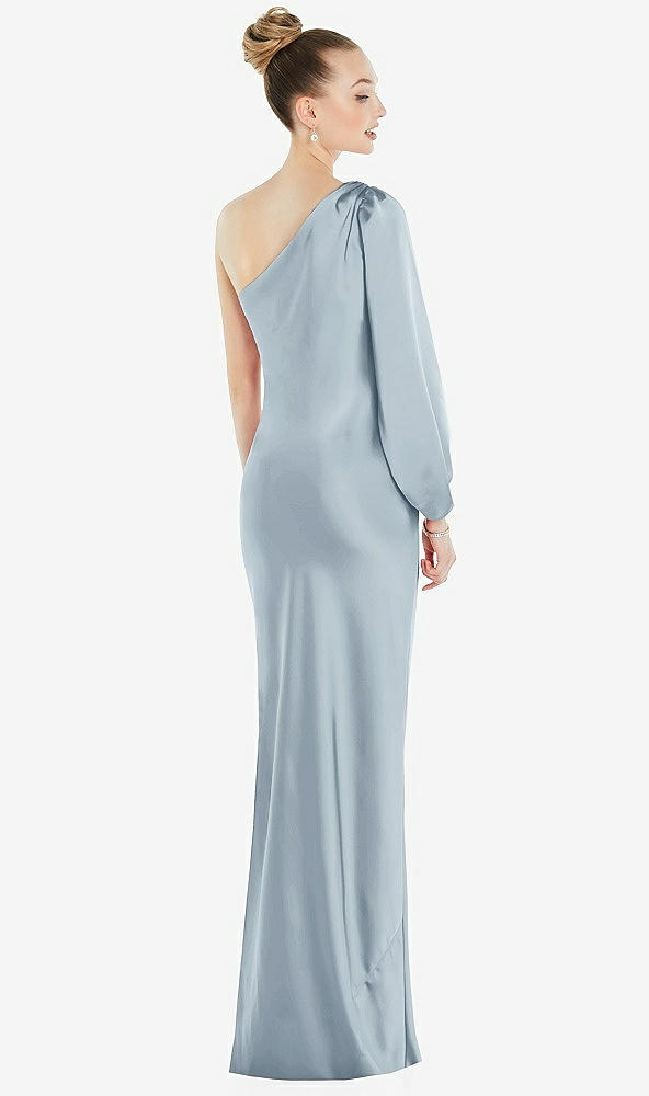 Back View - Mist One-Shoulder Puff Sleeve Maxi Bias Dress with Side Slit