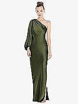 Front View Thumbnail - Olive Green One-Shoulder Puff Sleeve Maxi Bias Dress with Side Slit