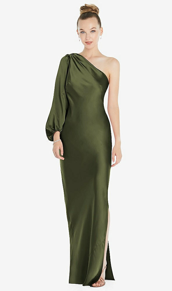 Front View - Olive Green One-Shoulder Puff Sleeve Maxi Bias Dress with Side Slit