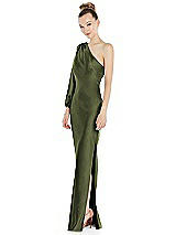 Side View Thumbnail - Olive Green One-Shoulder Puff Sleeve Maxi Bias Dress with Side Slit