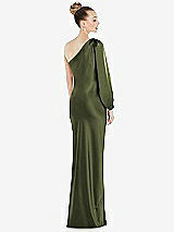 Rear View Thumbnail - Olive Green One-Shoulder Puff Sleeve Maxi Bias Dress with Side Slit
