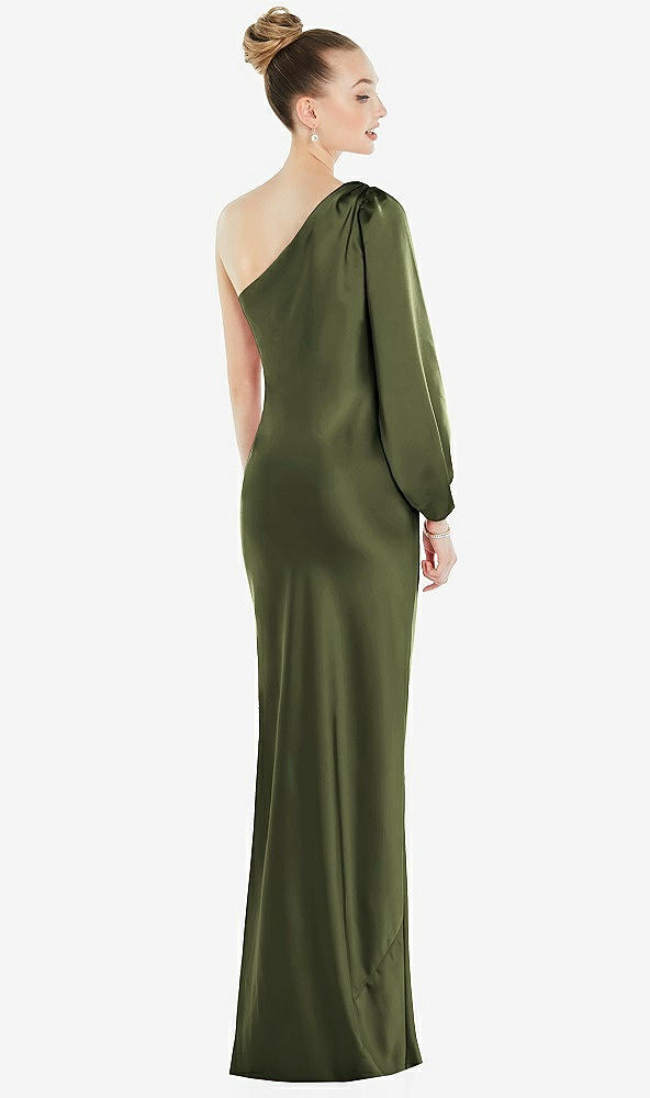 Back View - Olive Green One-Shoulder Puff Sleeve Maxi Bias Dress with Side Slit