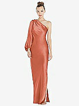 Front View Thumbnail - Terracotta Copper One-Shoulder Puff Sleeve Maxi Bias Dress with Side Slit