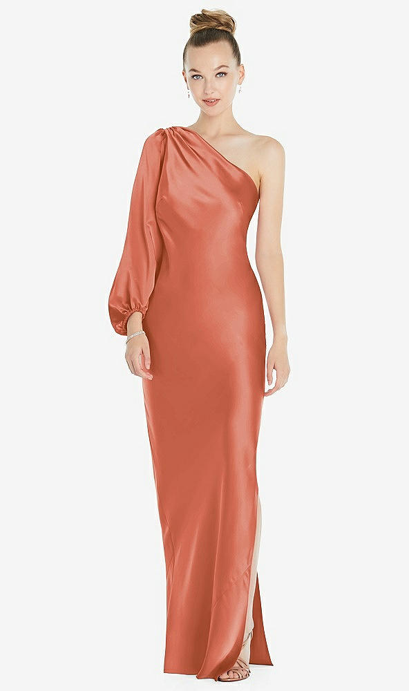 Front View - Terracotta Copper One-Shoulder Puff Sleeve Maxi Bias Dress with Side Slit