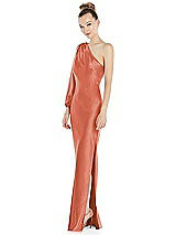 Side View Thumbnail - Terracotta Copper One-Shoulder Puff Sleeve Maxi Bias Dress with Side Slit