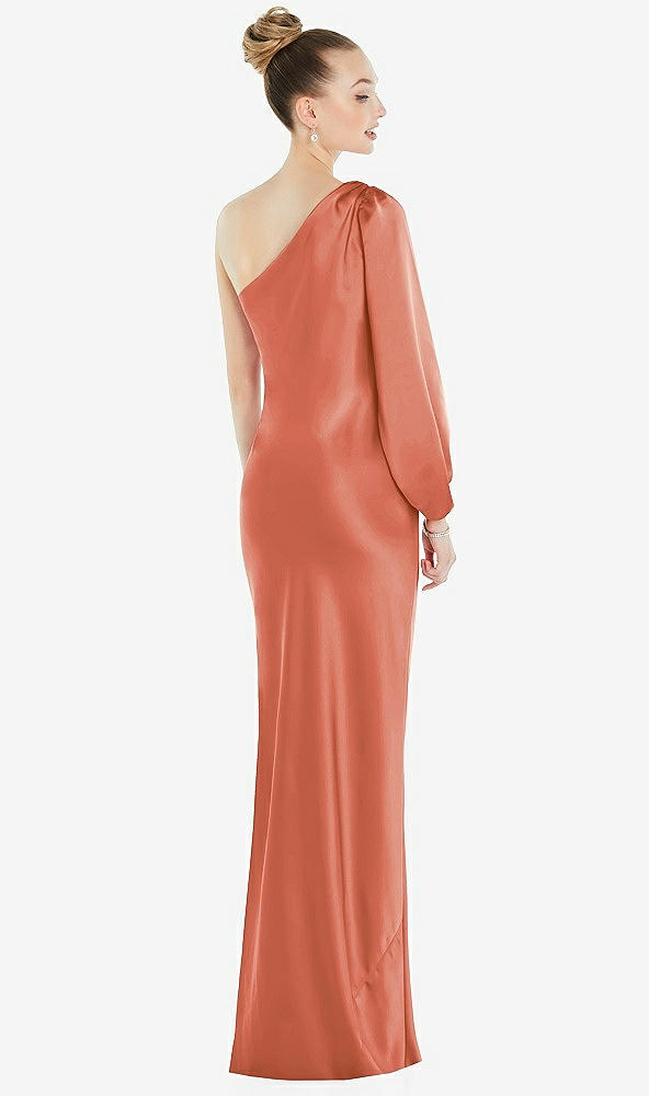 Back View - Terracotta Copper One-Shoulder Puff Sleeve Maxi Bias Dress with Side Slit