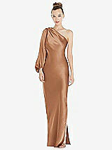 Front View Thumbnail - Toffee One-Shoulder Puff Sleeve Maxi Bias Dress with Side Slit