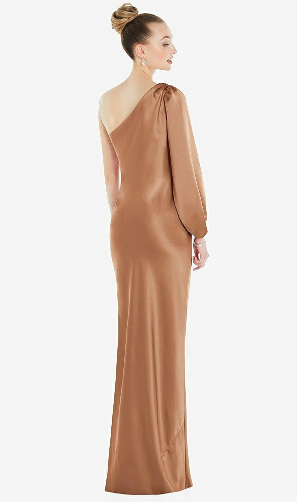 Back View - Toffee One-Shoulder Puff Sleeve Maxi Bias Dress with Side Slit
