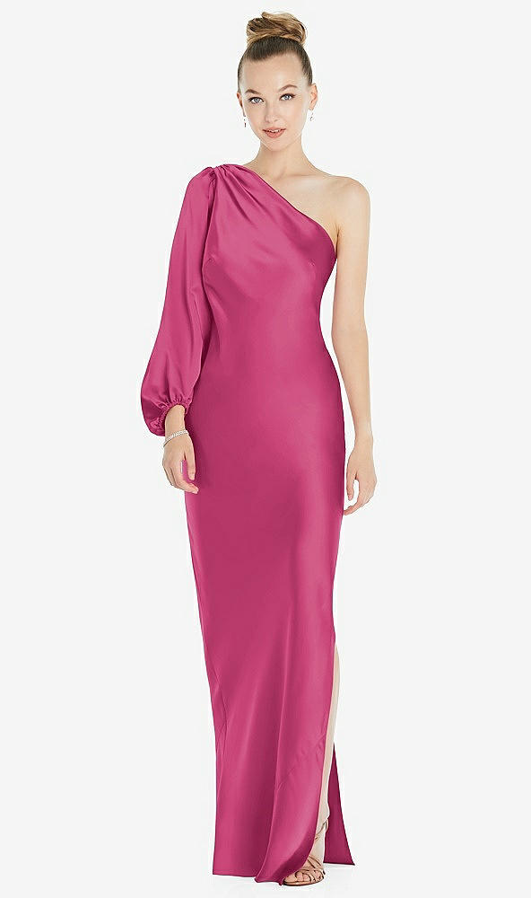 Front View - Tea Rose One-Shoulder Puff Sleeve Maxi Bias Dress with Side Slit