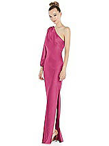 Side View Thumbnail - Tea Rose One-Shoulder Puff Sleeve Maxi Bias Dress with Side Slit
