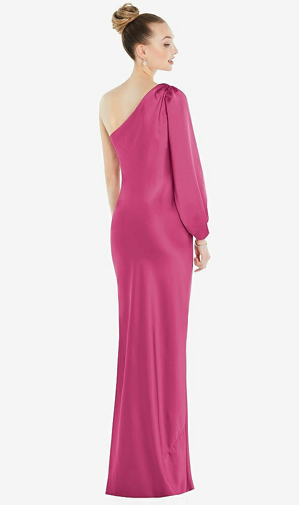 Back View - Tea Rose One-Shoulder Puff Sleeve Maxi Bias Dress with Side Slit