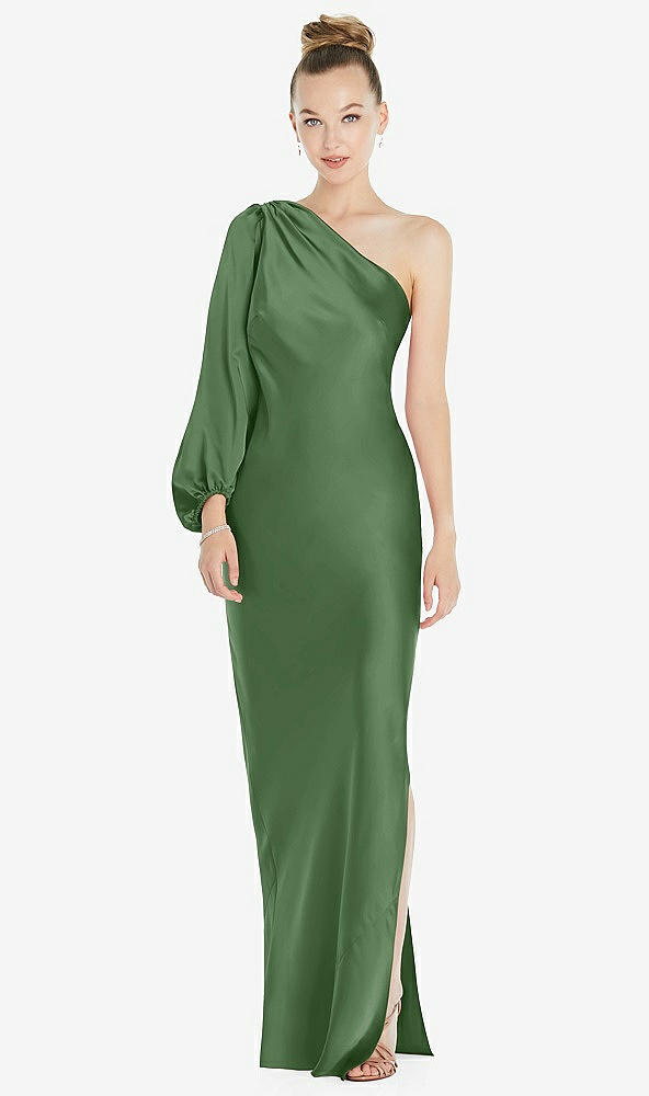 Front View - Vineyard Green One-Shoulder Puff Sleeve Maxi Bias Dress with Side Slit