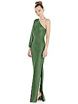 Side View Thumbnail - Vineyard Green One-Shoulder Puff Sleeve Maxi Bias Dress with Side Slit