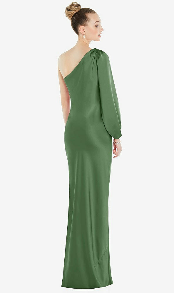 Back View - Vineyard Green One-Shoulder Puff Sleeve Maxi Bias Dress with Side Slit