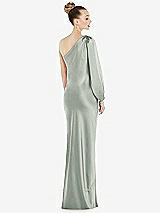 Rear View Thumbnail - Willow Green One-Shoulder Puff Sleeve Maxi Bias Dress with Side Slit