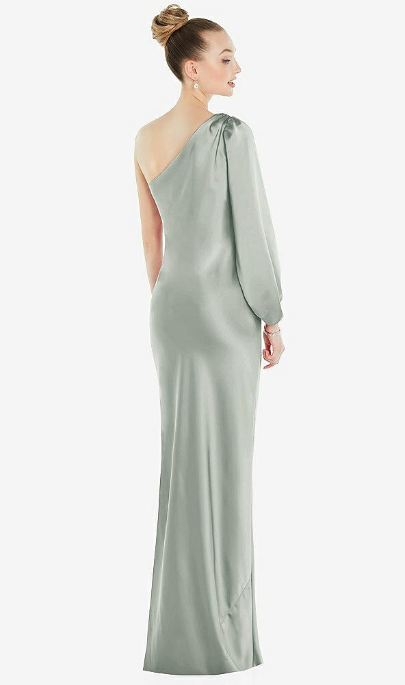 Back View - Willow Green One-Shoulder Puff Sleeve Maxi Bias Dress with Side Slit
