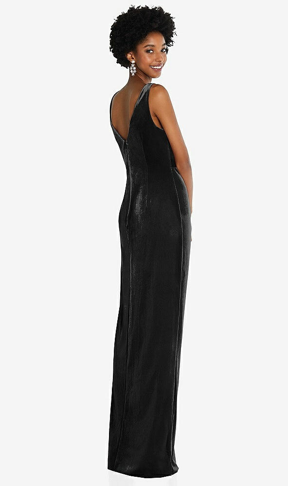 Back View - Black Draped Skirt Faux Wrap Velvet Maxi Dress