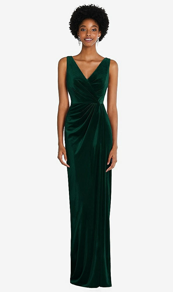 Front View - Evergreen Draped Skirt Faux Wrap Velvet Maxi Dress