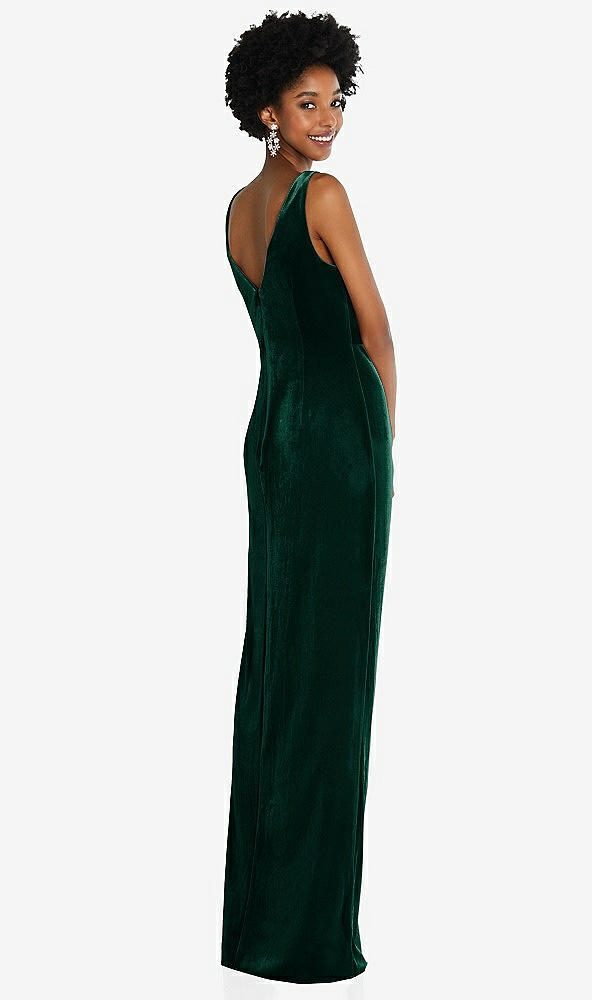 Back View - Evergreen Draped Skirt Faux Wrap Velvet Maxi Dress